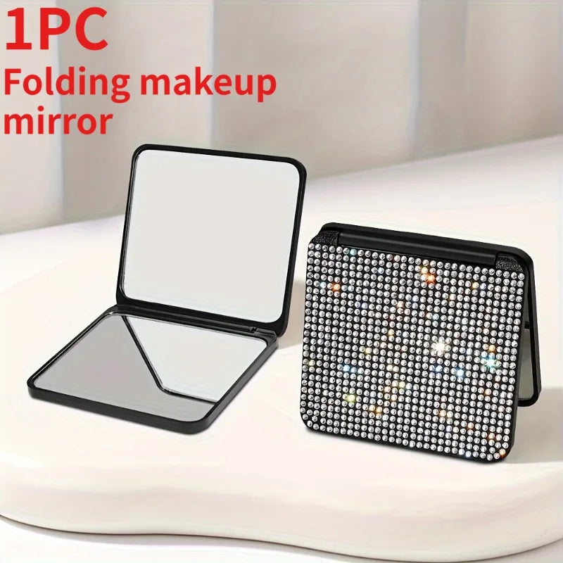 1PC Sparkling Rhinestone Portable Folding Makeup Mirror - Dual-Sided Square Design for Purses & Handbags, Make Up Mirror