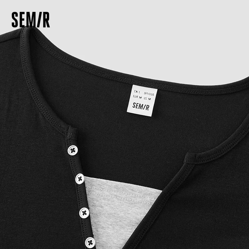 Semir Women Tshirt 2026 Spring New Short Slim Fit Fake Two Piece Design Sense Temperament Crew Neck Long Sleeve Tops