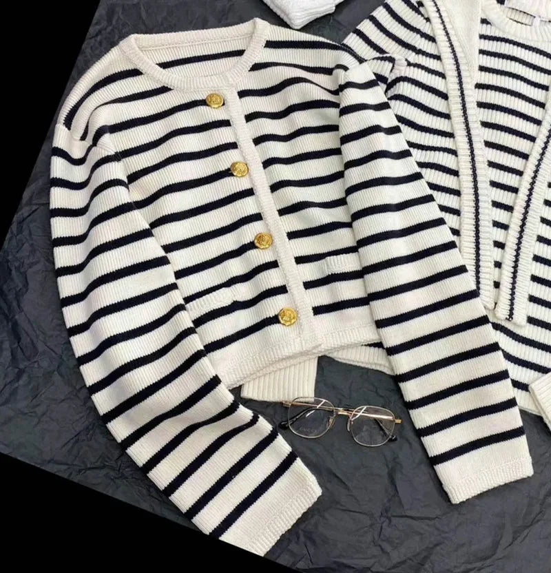 Gold Button Contrast Stripe Long Sleeve Top Small Fragrant Knitted Cardigan Sueter Womens Clothing Spring Autumn Sweater Coat
