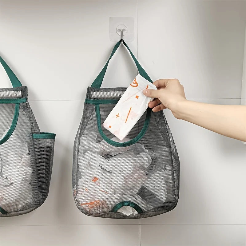 1pc Wall-Mounted Kitchen Trash Bag Organizer,Washable Mesh bag,Japanese-Style Large Capacity Plastic Bag Storage bag,Large Size