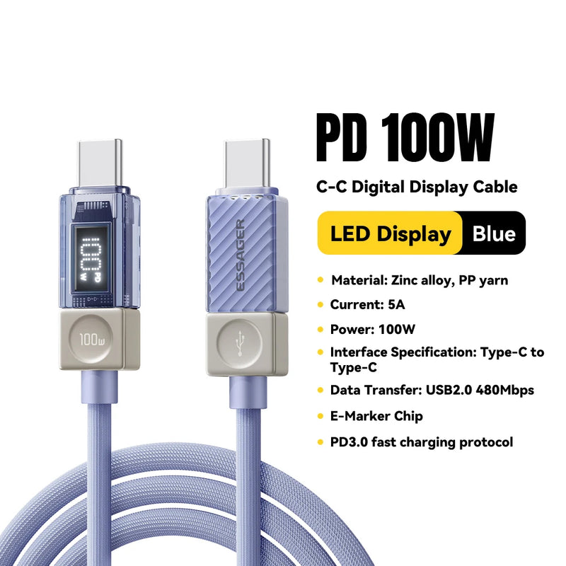 Essager 240W Type C to Type C Cable PD3.1 Digital Display Fast Charging USB C Cable for Macbook iPhone 17 16 15 Samsung Xiaomi