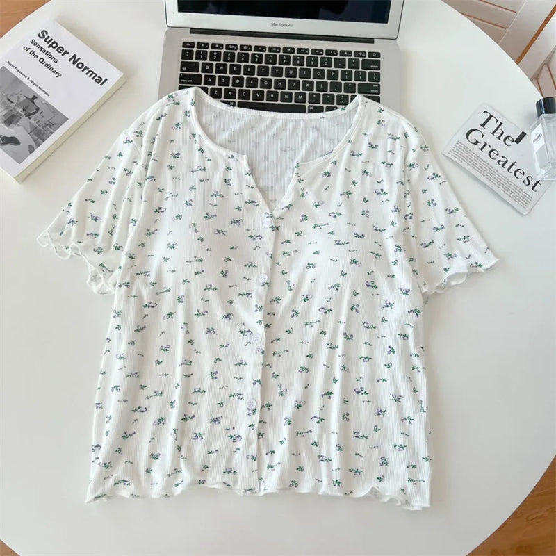 Floral Thin Nightwear 2 Pieces Set for Woman Pajamas Chest Pads Women’s Loungewear Summer Suit Short Sleeve Sleepwear Pyjamas