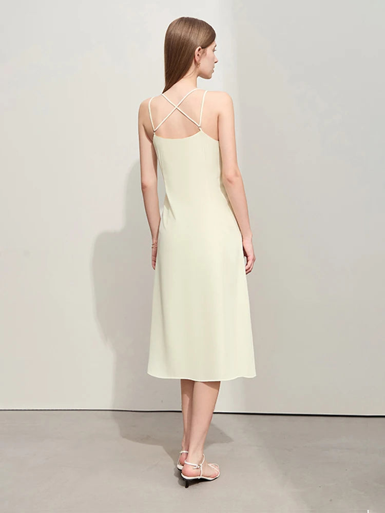 AmiiI Minimalism Halter Dresses for Women 2026 Summer New Solid Slim Fine Twill Woven Cross A-Line Casual Strap Dress 12422043