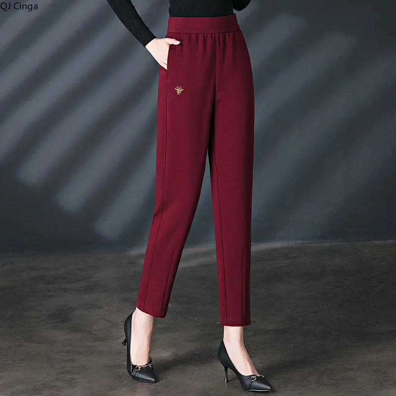Women's Red High-waisted Harem Pants, Black Elastic Waist Casual Pant, Beige Girls' Embroidered Stretch Trousers. Asian Sizes