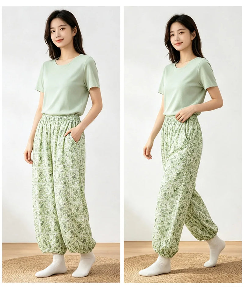 Thin Style Floral Print Pajamas Pants Sleepwear 100% Cotton Sleep Bottoms Comfort Pants Casual Summer Home Clothes Nightwear