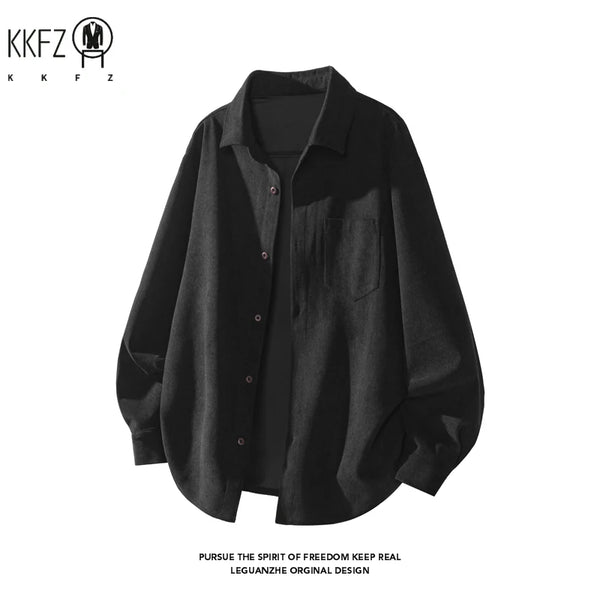 Men Minimalist Oversized Corduroy Top Lapel Collar Button Down Chest Pocket For Everyday Urban Casual Dressing