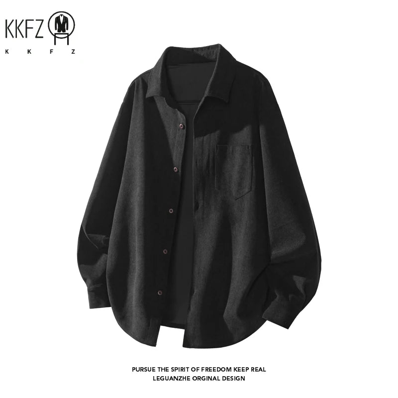 Men Minimalist Oversized Corduroy Top Lapel Collar Button Down Chest Pocket For Everyday Urban Casual Dressing
