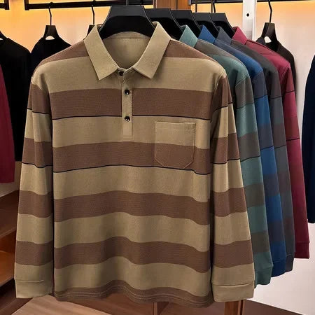 Business Casual Long Sleeve Striped Polo For Males Lapel Collar Soft Woven Fabric Neat Cut Travel Friendly Clothing