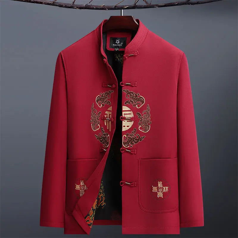 2026 New Men's Red Embroidered Long-Sleeve Jacket, Chinese-Style Single-Breasted Stand-Up Collar Coat, Fashionable Casual Tops.
