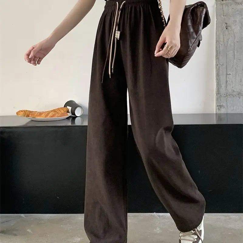 ខោជើងវែងចង្កេះខ្ពស់ Corduroy ខោជើងវែងរលុងសម្រាប់នារី ខោគេងយប់ម៉ូដ ខោស្លៀកក្រៅ ខោជើងវែង