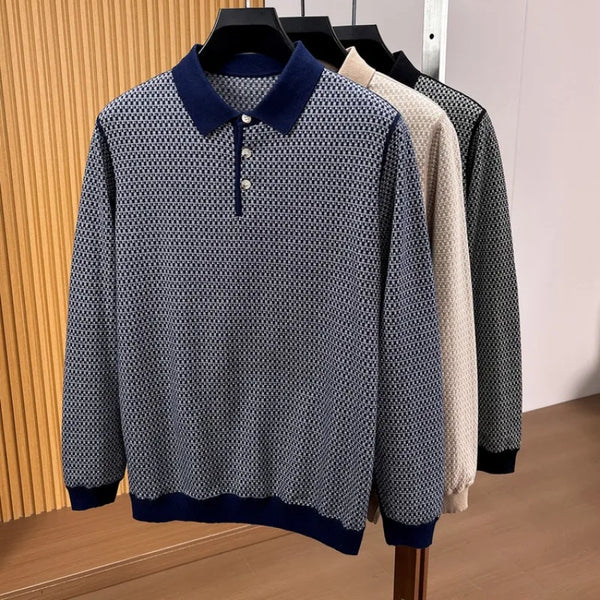 Men's 100% Cotton Long Sleeve Polo Shirt Classic Houndstooth Pattern Invisible Placket Casual Top
