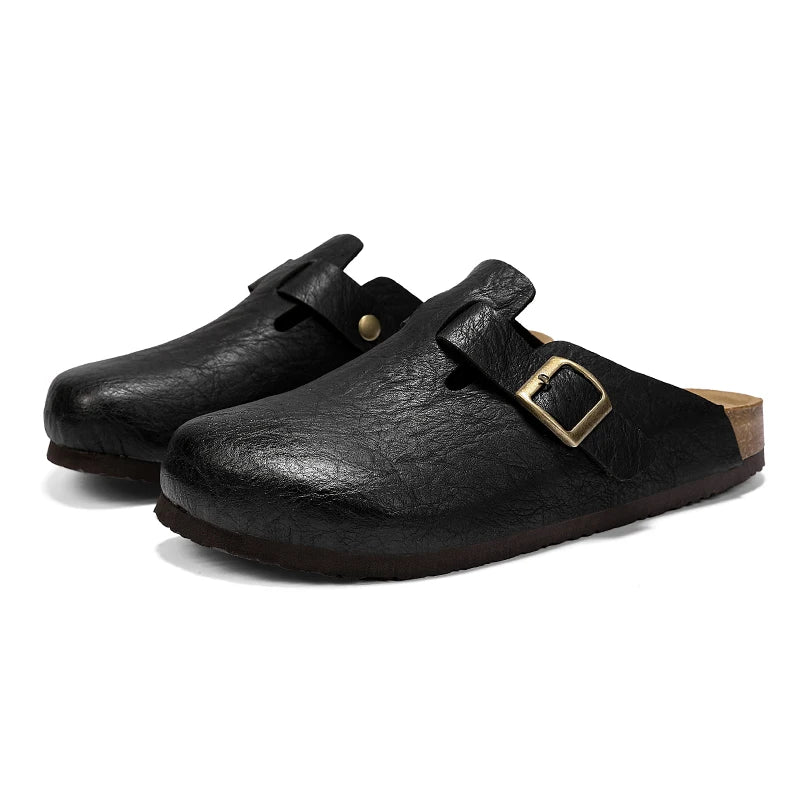Comfort Cork Leather Slippers for Unisex Men Women Slip on Half Shoes Sandals Closed Toe Backless Health Footbed Slides Fashion