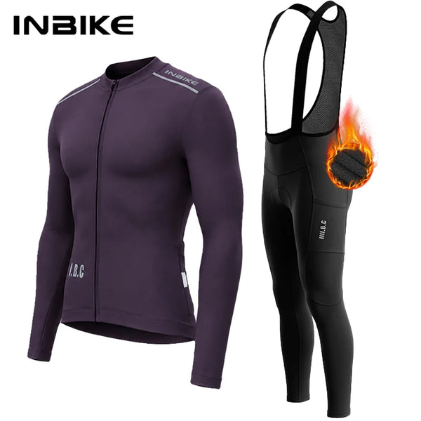 INBIKE Winter Fleece Cycling Suit Men Long Sleeve Jersey Bib Pants Set Road Bike Outdoor Sports Shockproof Padding with Pockets