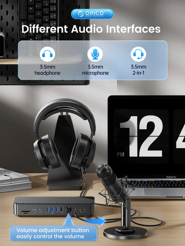 ORICO 19 in 1 Desktop Docking Station Type C to 4K HDMI-Com VGA 3.5mm Audio RJ45 PD USB 3.0 HUB with Volume Adjust Power Adapter