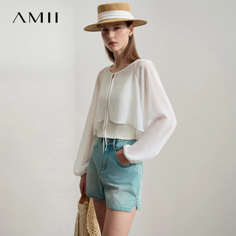 Amii Women's Minimalist Blouse 2026 Summer New Commuting Versatile V-Neck Tops Short Raglan Sleeve Thin Chiffon Blouse 12542281
