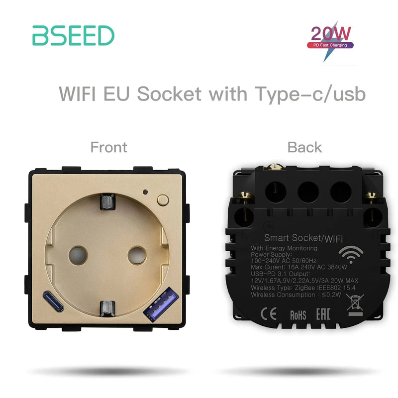 BSEED M1 Series Wifi Socket With Monitor Function Smart Outlet With 20W USB Type-C Port Module Tuya Smart Life Control DIY Parts