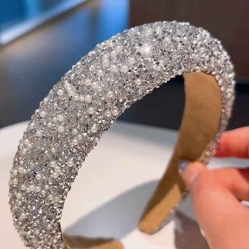 Luxury Pearl Rhinestone High‑Crown Headband Versatile Face‑Slimming Hair Hoop Women Broken Hair Finishing Hair Accessories
