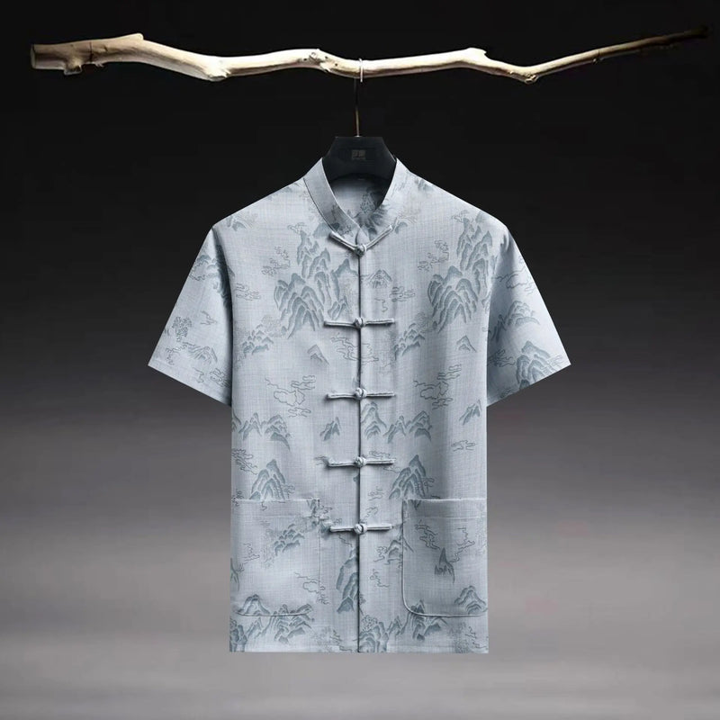Chinese-style Men's Beige Short-sleeve Jacquard Shirt; Summer Blue Single-breasted Stand-collar Shirts.