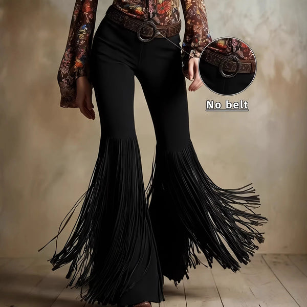 Women's Brown Flared Pants for Spring, Western-style Retro Trousers with Fringe Details, Available in Black, White, Burgundy.