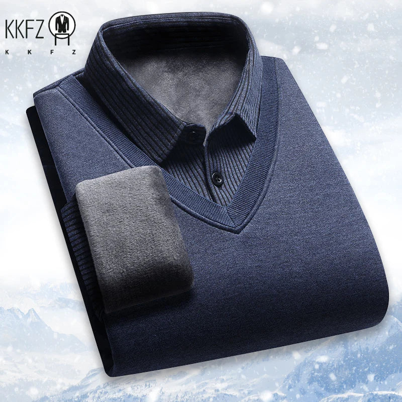 Mens Long Sleeve Collared Pullover Fake Vest Knit Design Full Fleece Lined Vertical Stripe Thermal Cold Weather Business Attire