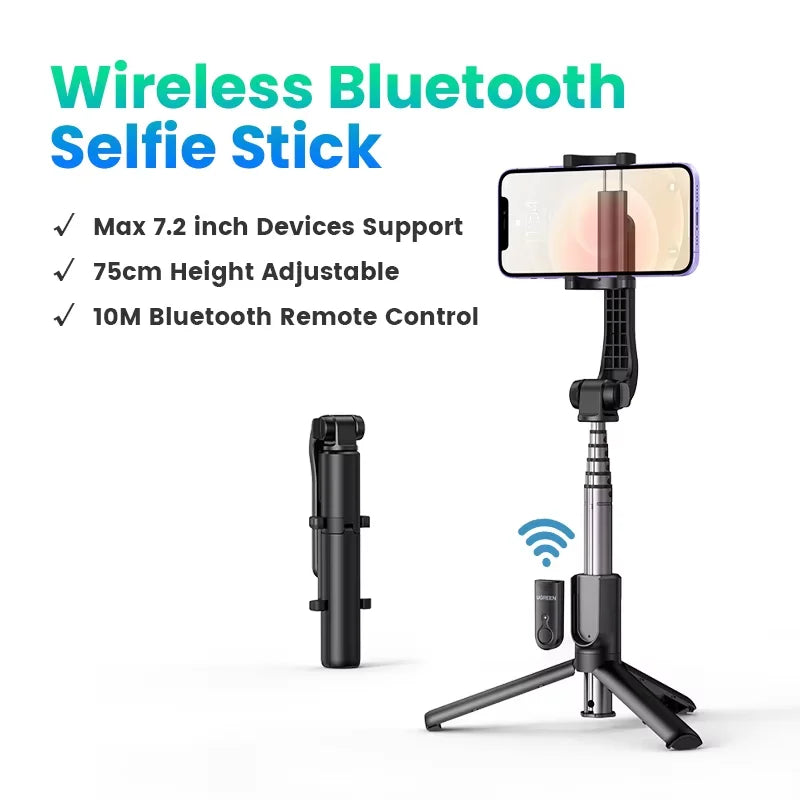 【New-in Sale】UGREEN Bluetooth Selfie Stick Tripod Stand 750mm Extended 10m Bluetooth Remote Shutter Universal For IOS Android