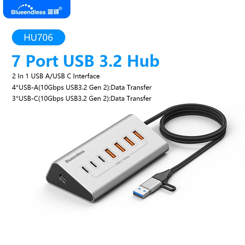 ស្ថានីយ៍ចត HUB អាលុយមីញ៉ូម Blueendless 10Gbps USB3.2 Gen2 4/10 រន្ធ USB-C USB-A ប្រភេទ C ឧបករណ៍បំបែកសម្រាប់កុំព្យូទ័រកុំព្យូទ័រយួរដៃ macbook