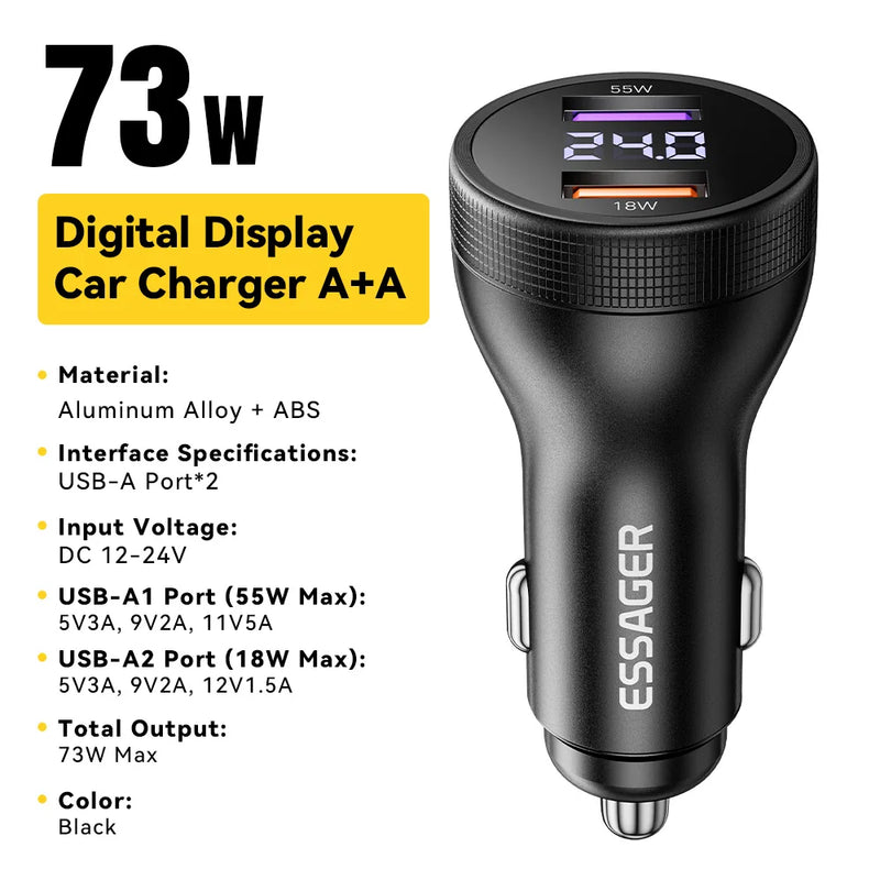 Essager 100W USB C Car Charger PD3.0 Fast Charging Quick Charge 4.0 Adapter for iPhone 16 MacBook Xiaomi Laptop Digital Dispaly