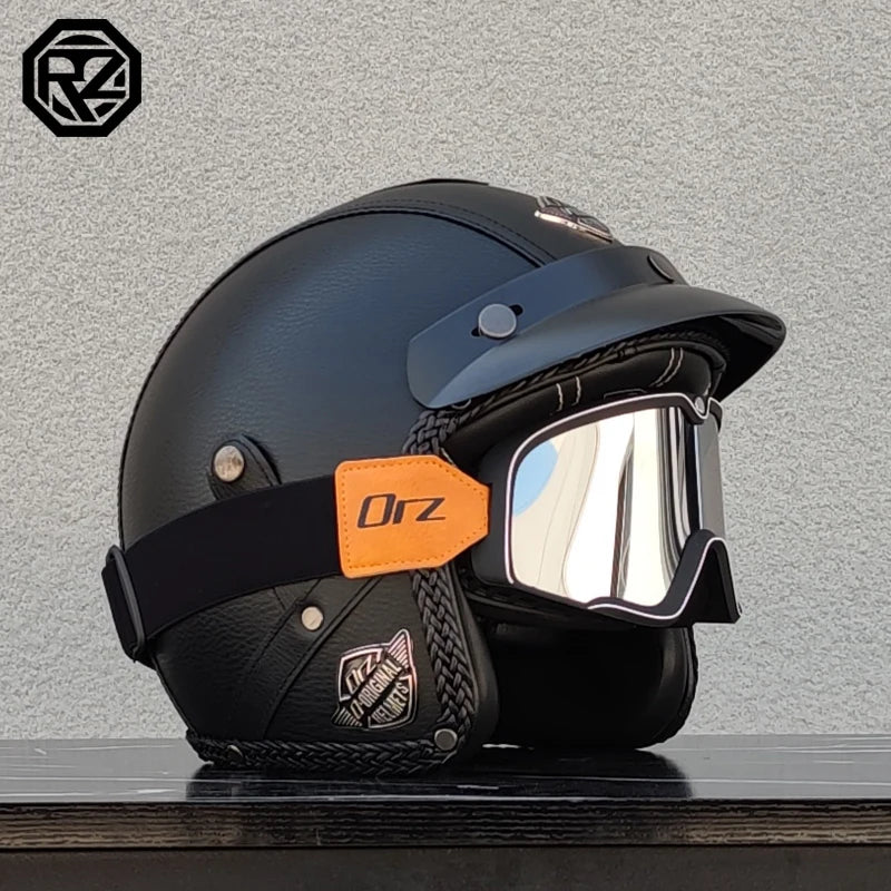 【ORZ】Retro Leather 3/4 Open Face Motorcycle Helmet, PU Leather Shell Cafe Racer Scooter Motorbike Half Helmet for Men Women