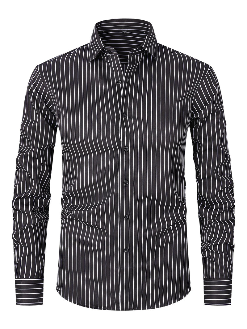 2026 Men's Pink Long-Sleeve Striped Shirt, White Single-Breasted Lapel Shirts, Available in Black or Blue.