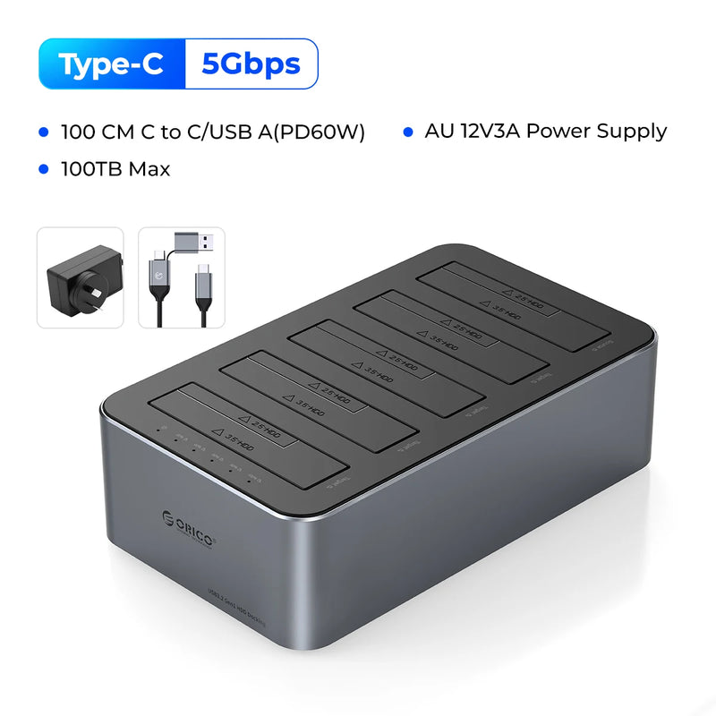 ORICO Type-C 5Gbps 4/5 Bay HDD Case Hard Drive Station Aluminum with Offline Clone 2.5/3.5" HDD Case Heat Dissipation Stronger