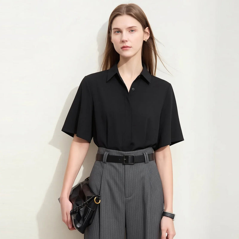 Amii Chiffon Shirt 2026 Summer New Lapel Collar Butterfly Sleeve Women's Blouse Loose Fit Elegant Office Top For Women 12622181