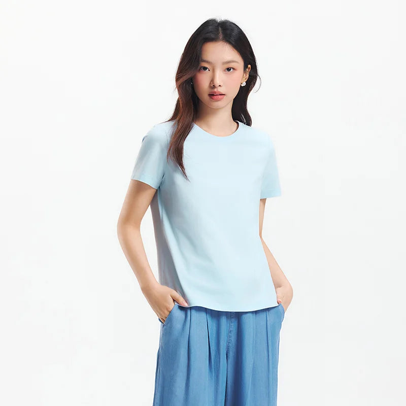 Semir Slim Fit Tshirt Women Summer Solid Color Basic Crew Neck White Cool Touch Casual Comfortable Fashion Slim Top