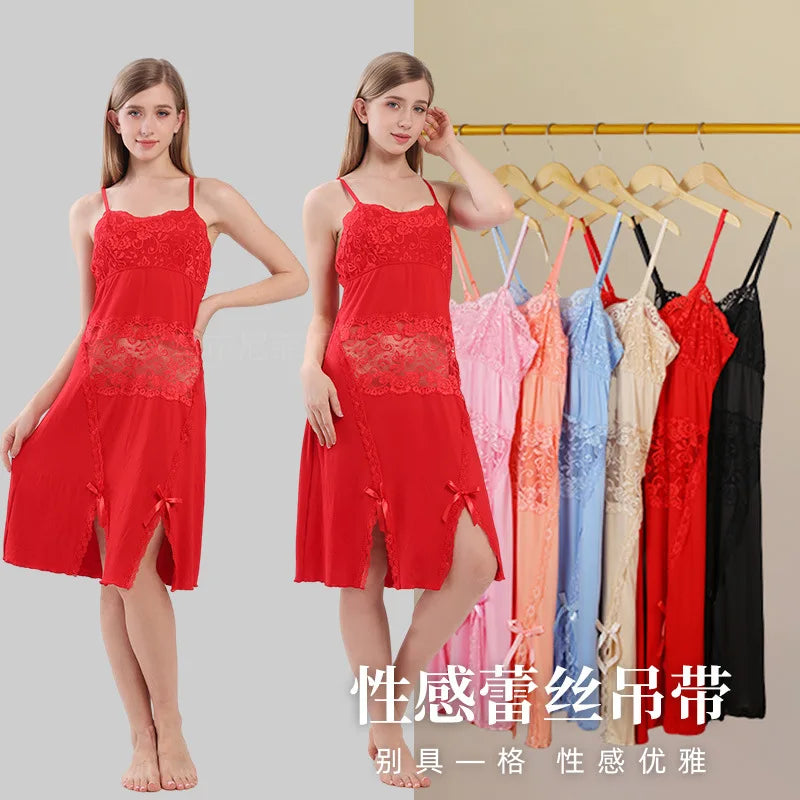 French New Suspender Nightdress Women's Lace Mesh Dressing Gown Female Loungewear Dress Sexy Nightgowns Ladies Sleepwear