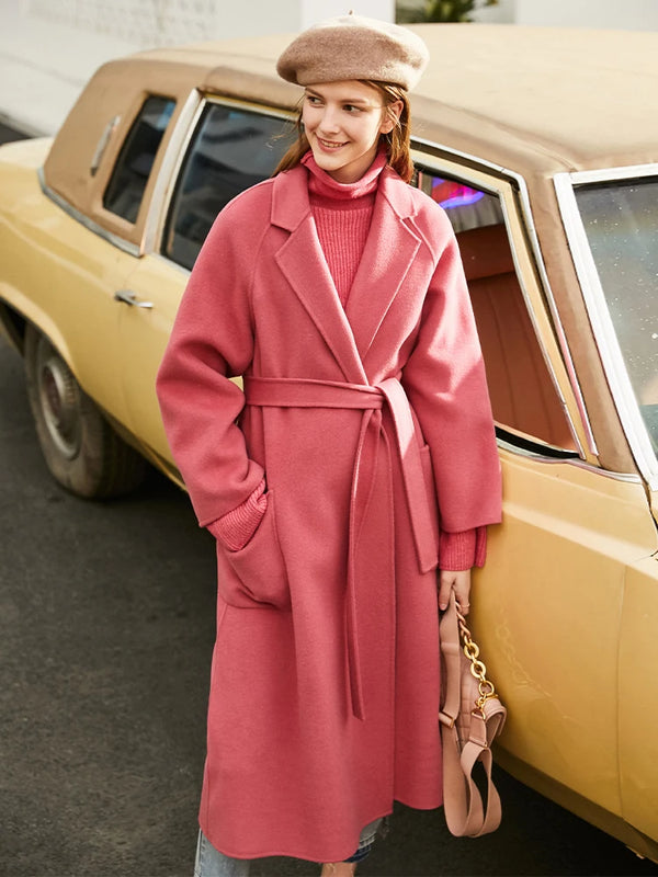 AMII Minimalist Wool Coat For Women 2024 Winter Blazer Collar With Belt Vintage Korean Fashion Long Blends Jacket 12424102
