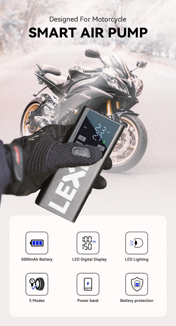 Lexin P5 Smart Air Pump 5000mAh for Motorcycles Tire Inflator Bicycle Boat with LED Digital&Preset Pressure Inflation
