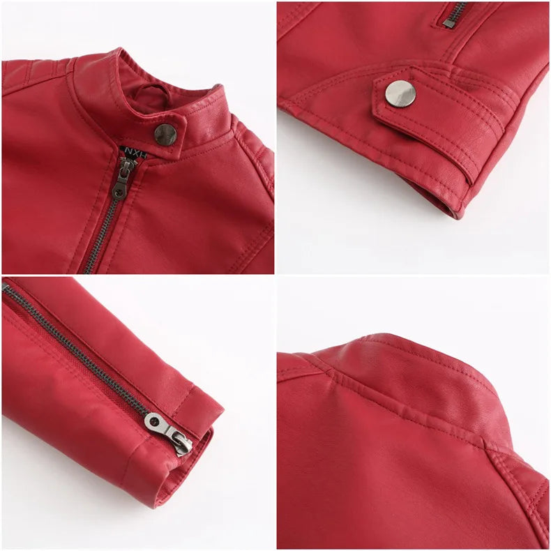 2026 Spring Women's Long-Sleeve Faux Leather Jacket Zip-Up Stand Collar PU Outerwear Available in Red, Black, Purple, Blue Coat.