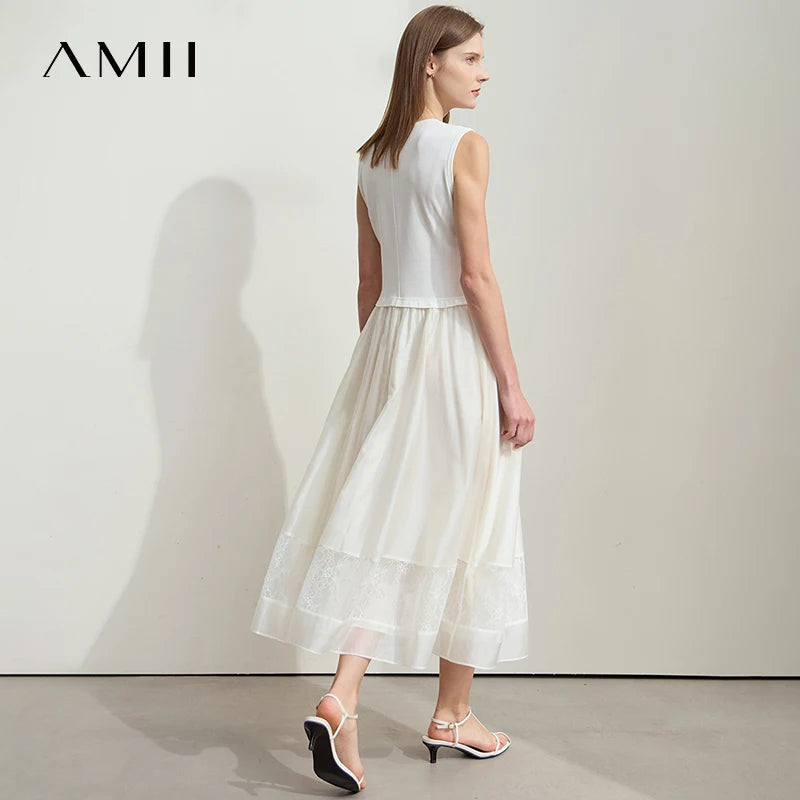រ៉ូប Amii Minimalist រដូវក្តៅថ្មីឆ្នាំ ២០២៥ រ៉ូបប៉ាក់រាងអក្សរ A សម្រាប់ស្ត្រី រ៉ូបពណ៌ខ្មៅបែបចរ 12552054
