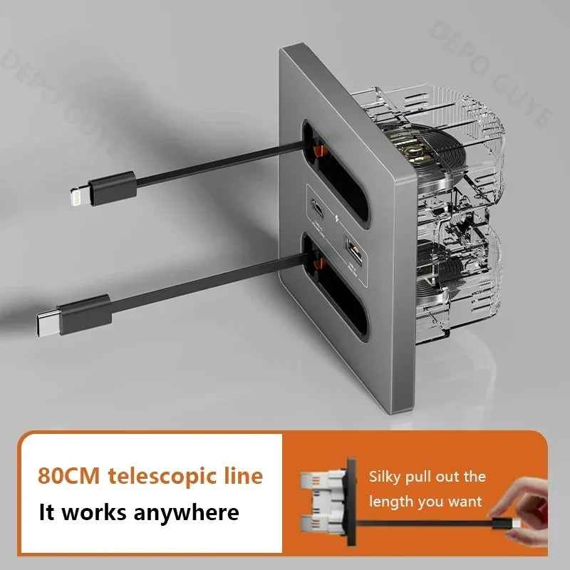 White Universal Smart Socket With Telescopic charging line 20W Fast Charge Type C USB Port Tempered Glass Wall Power Plug Outlet