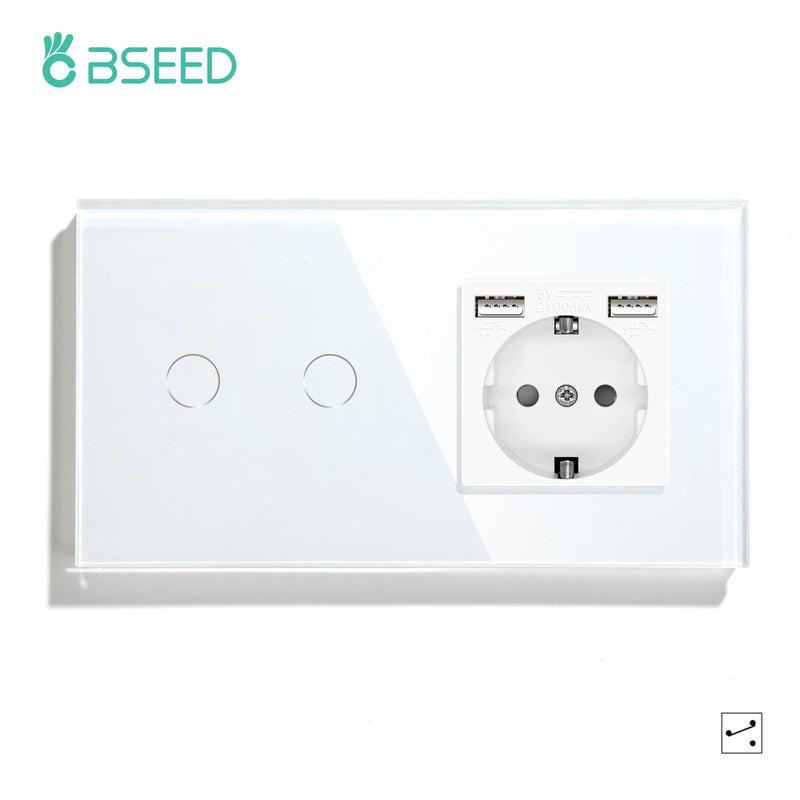 Bseed 1/2/3 Gang 2 Way Touch Light Switch with EU Socket and USB Type-C Port, Tempered Glass Wall Switch with Blue Backlight