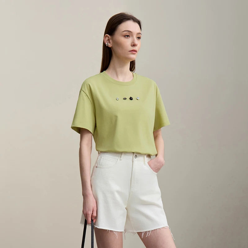 Amii Women's T-Shirt 2026 Summer New Rhinestone Cotton Short Sleeve T-shirts Women O-Neck Knit Tee Top Loose Clothing 12642019