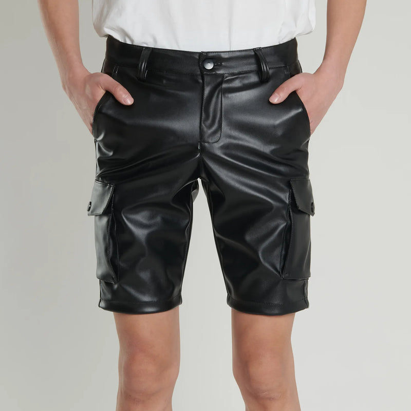 Summer Thin Section Men's Black Stretch Leather Shorts, Work Style Shorts Red White Blue PU Pants Male Five-point Pants 29-40 42