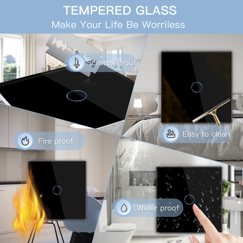 BSEED 1Gang Touch Screen Light Switches LED Backlight Wall Switches With Socket USB Type-C Charge Port Glass Panel Max.Load 300W