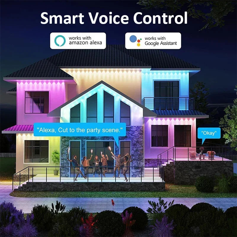 ភ្លើងខ្សែរ WIFI ឆ្លាតវៃ RGBIC ប៊្លូធូស ការគ្រប់គ្រងឧបករណ៍បំពងសម្លេង Google ភ្លើងតុបតែងខាងក្រៅ ភ្លើងការពារទឹក ធ្វើសមកាលកម្មតន្ត្រី ថ្ងៃឈប់សម្រាក