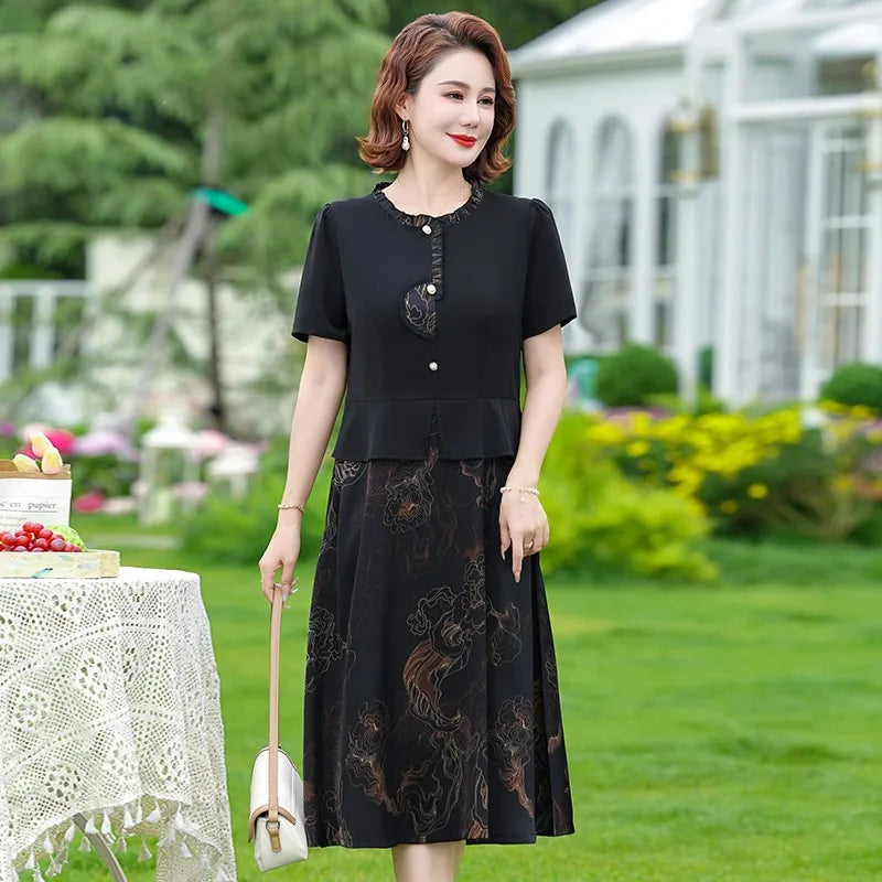 រ៉ូបពីរដុំក្លែងក្លាយ រ៉ូប Chiffon រ៉ូបនារីរដូវក្តៅ ម៉ូដស្លីម សូត្រ Satin ដេរដោយដៃខ្លី រ៉ូបម្តាយបោះពុម្ព A Line