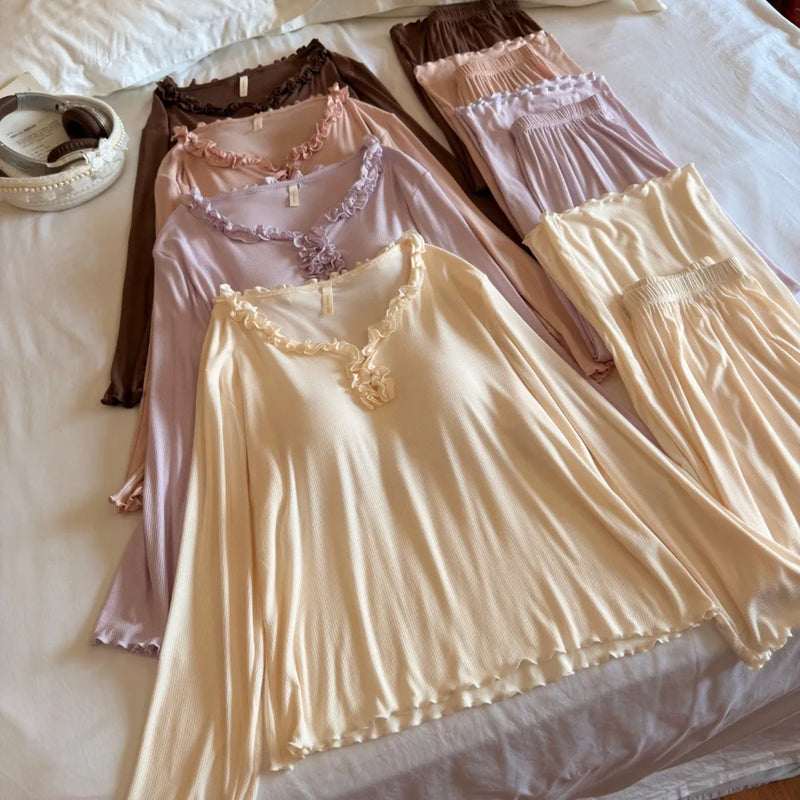 Modal Loungewear Sets Woman Pajama Two-piece Chest Pad Home Wear Autumn Ladies Pyjamas Long Sleeve Sleepwear Female Sleeping