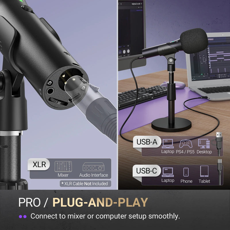 FIFINE USB/XLR Dynamic Microphone for Recording,Studio Handheld Mic with Desktop Stand for Vocal/Streaming/dubbing/Meeting-TANK2