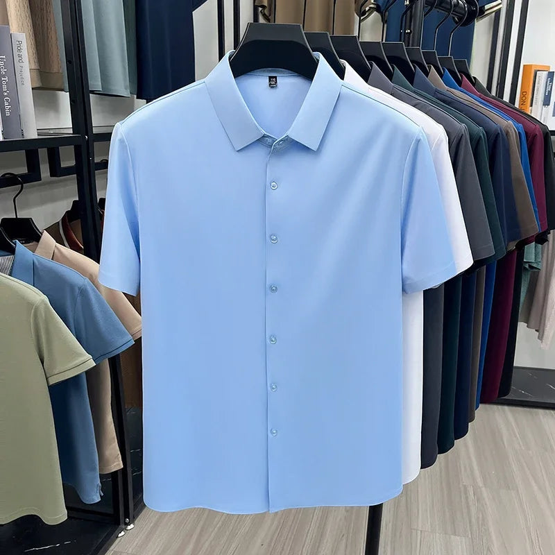 Men Summer Casual Short Sleeve Button Up Shirt Ice Silk Breathable Wrinkle Free Business Formal Shirt