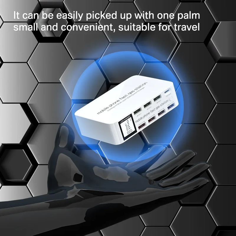 100W 8 រន្ធ អេក្រង់ LCD សាកលឿន 3.0 USB Charger Adapter HUB Type C PD Fast Phone Charger សម្រាប់ iPhone Huawei Samsung Xiaomi
