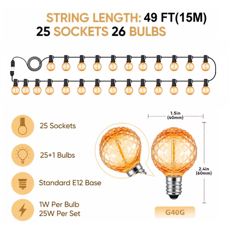 ភ្លើងខ្សែ G40 ទឹកកកពេជ្រ 15-20 ម៉ែត្រ ភ្លើងហ្គាសបូ IP44 ការពារទឹកជ្រាបសម្រាប់បោះតង់ ភ្លើងខ្សែសម្រាប់ហាឡូវីន ភ្លើងប៊ីស្ត្រូ