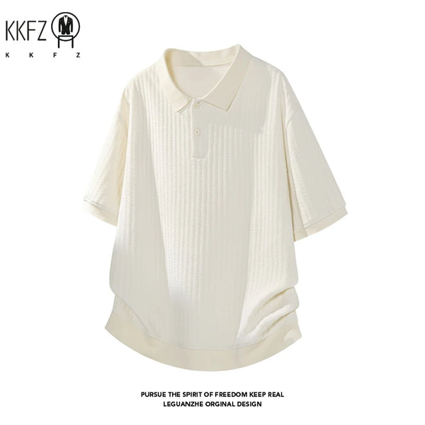 Male Summer Polo Collar Short Sleeve Shirt Vertical Woven Jacquard Cloth Relaxed Silhouette For Outdoor Travel Matching